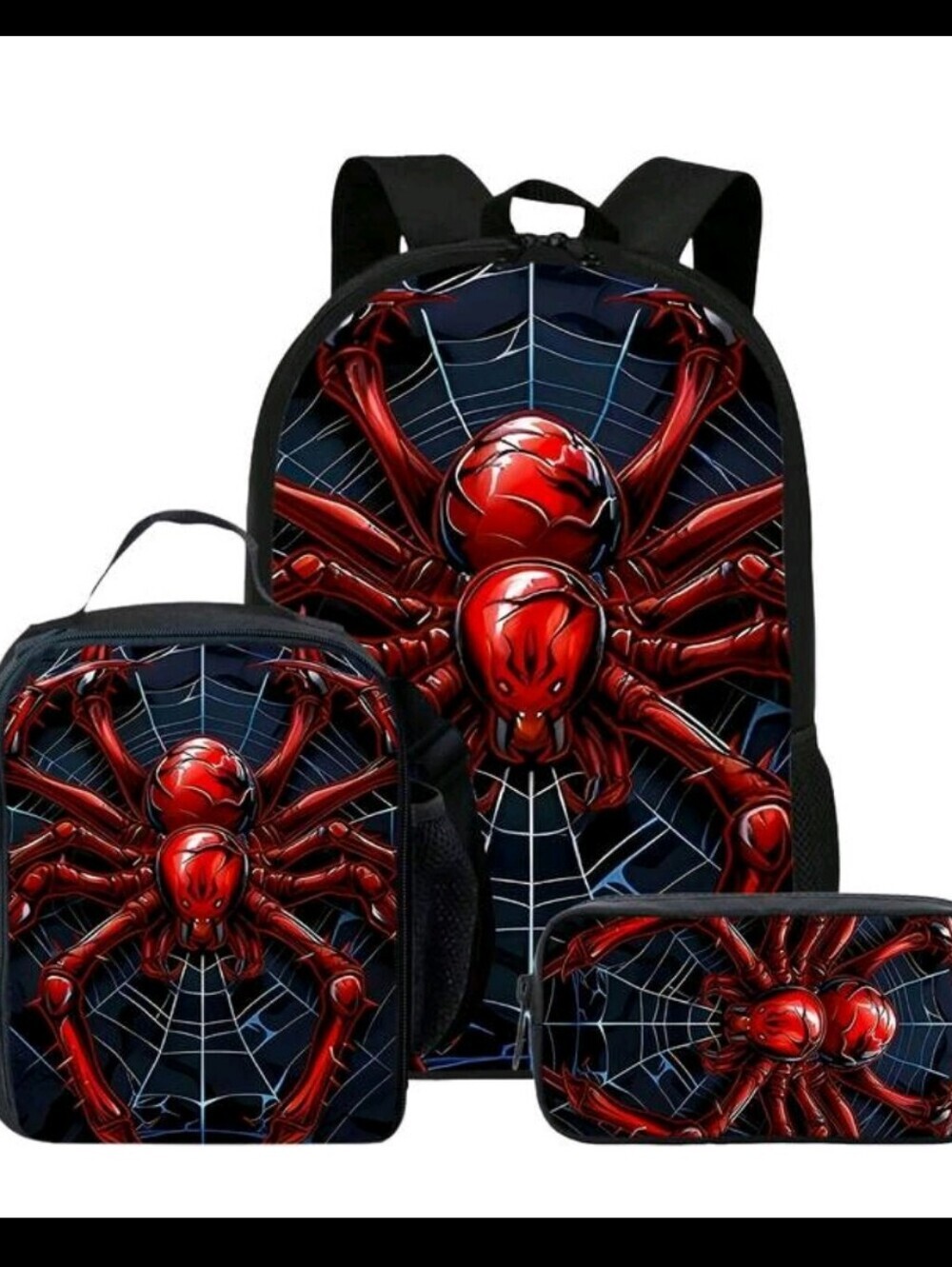 Kids 3-Piece Red Spider Backpack Set - School Bag, Lunch Bag & Pencil Case